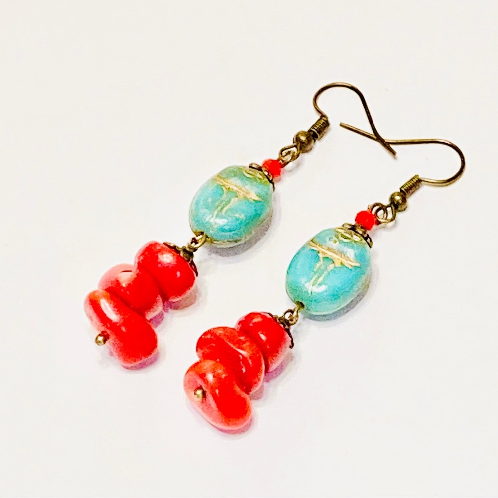 Genuine Lobster Red Coral & Glass Scarab Earrings